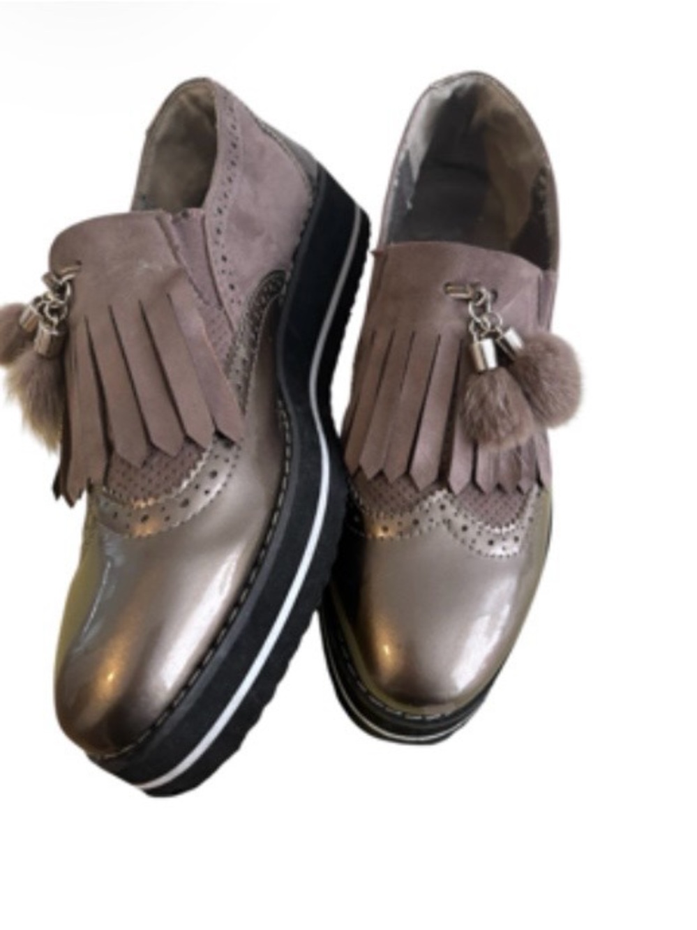 3 for $15😍 Mellisa metallic grey loafers with suede fringe and furry tassels. - Picture 1 of 10